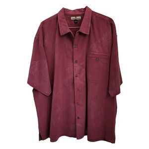 Tommy Bahama Red 100% Silk Floral Hibiscus Textured Button Front Shirt Mens XXL